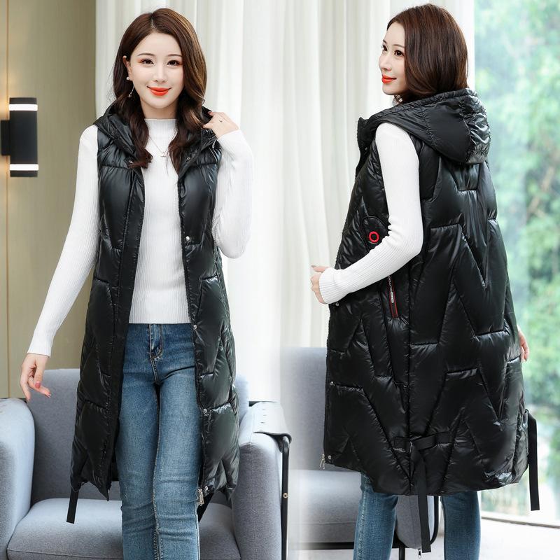 Women's Autumn and Winter Plus Size Long Solid Colour Hooded Down Jacket Vest Warm Loose Zipper Outerwear