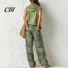Relaxed Fit Drawstring Pants Women Top 2-Piece Set, Summer Ruffle Mock Neck Sleeveless Lightweight Outfits & Plaid Wide Leg Pants, Vintage Loose