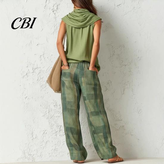 Relaxed Fit Drawstring Pants Women Top 2-Piece Set, Summer Ruffle Mock Neck Sleeveless Lightweight Outfits & Plaid Wide Leg Pants, Vintage Loose