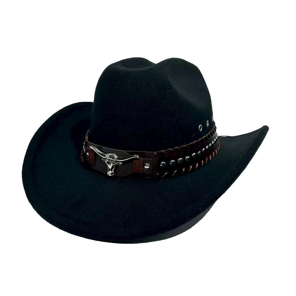 New Western Cowboy Hat Versatile Retro Cow Head Felt Hat Tibetan Grassland Riding Big Brim Top Hat