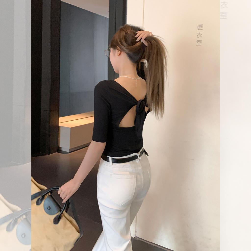 Black Sexy Hollowed-out Backless Lace-up Short-sleeved T-shirt for Women's Autumn Slim-fitting and Thin Babes