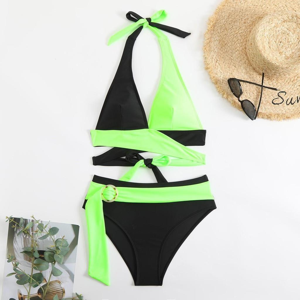 2025 Sexy Color Block Deep V Lace-Up Two-Piece Swimsuit