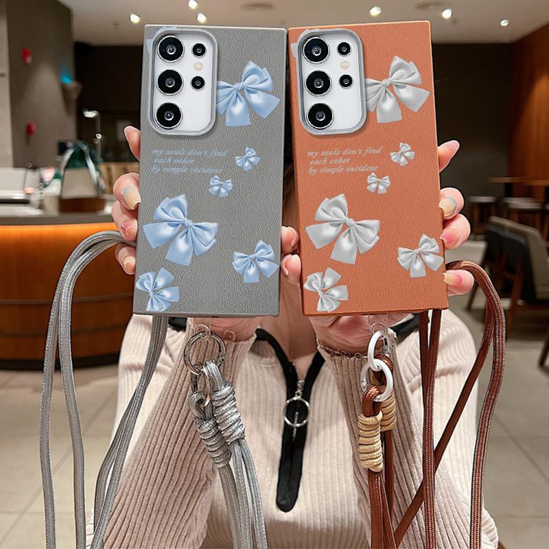 Bowknot Print Leather Texture Slim Matte Case For Samsung S25 Ultra S24 FE S23 A16 A56 A55 A36 A15 A35 Lanyard Rope Shockproof TPU Soft Phone Cover