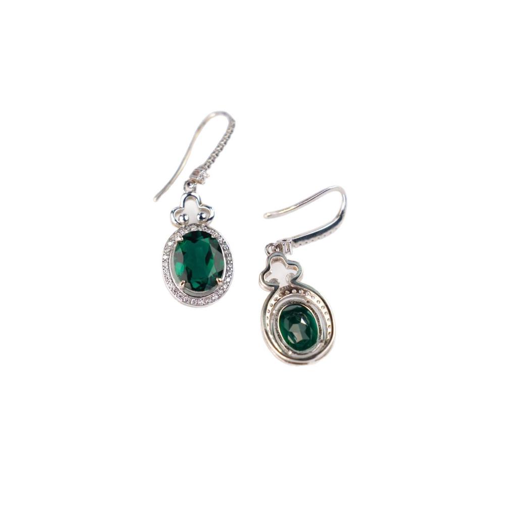 Zhou Hengfu S925 Sterling Silver Cultured Emerald Retro Earrings - Women's European & American Light Luxury Fashion.