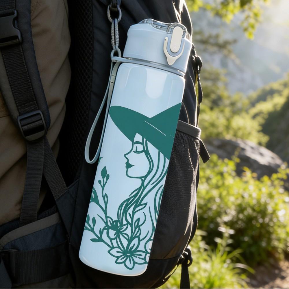 1PC Green Line Art Witch Girl 750ml Color Plastic Sports Water Bottle Leakproof Flip Straw Lid Suitable for Sports Office Home Use