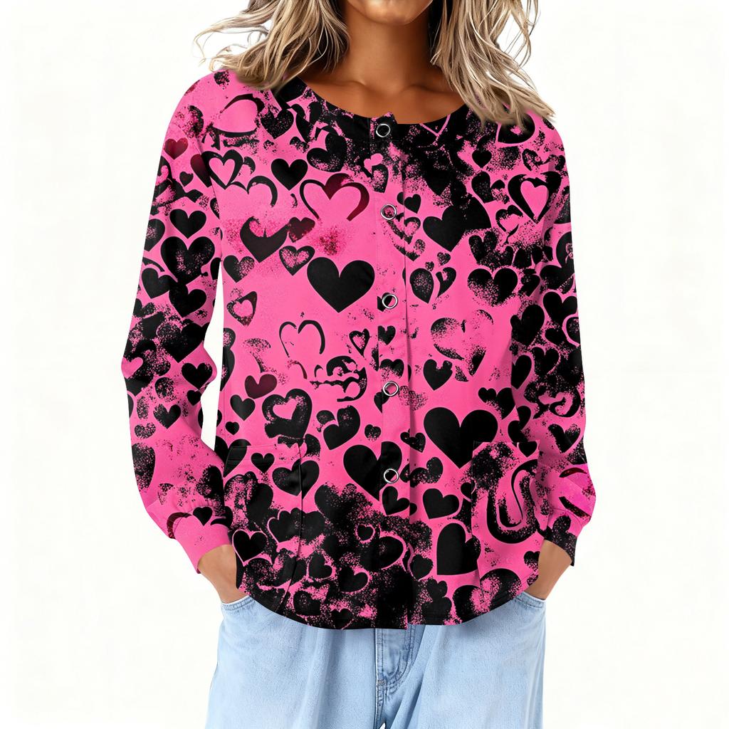 Women Long Sleeve Printed Pocket Working Stand Collar Single-breasted Protective Overalls Cardigan Jacket Top
