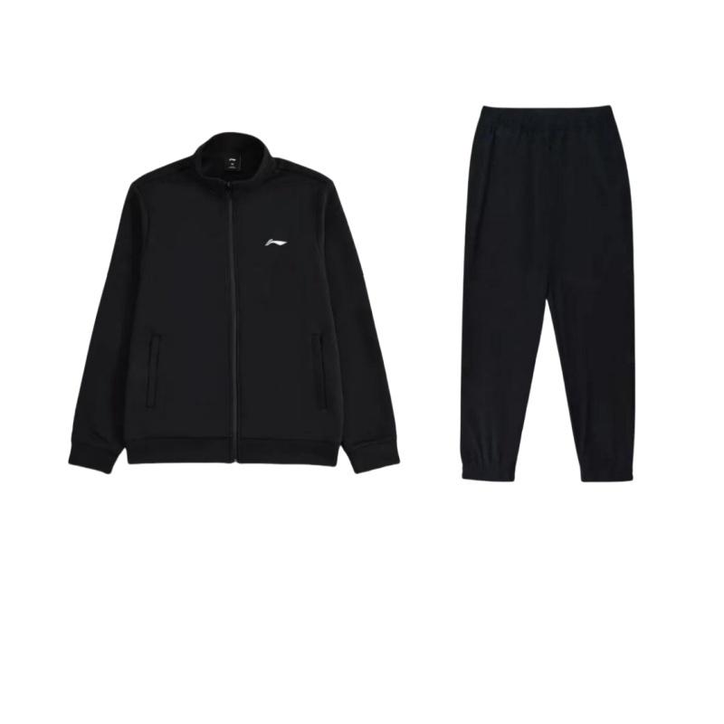 Li-Ning Letter Print Pattern Stand Collar Loose Long Sleeve Elastic Waist Long Pants Casual Sports Suit Unisex Suit Black YYKU181-1+AWDT609-1