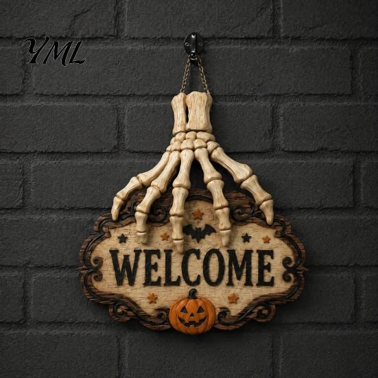 Placa de Loja Estilo Terror Mão de Esqueleto Porta Placa de Boas-Vindas, Decoração Padrão Abóbora Morcego de Halloween, Decoração de Madeira Antiga Desgastada Pendurada na Parede