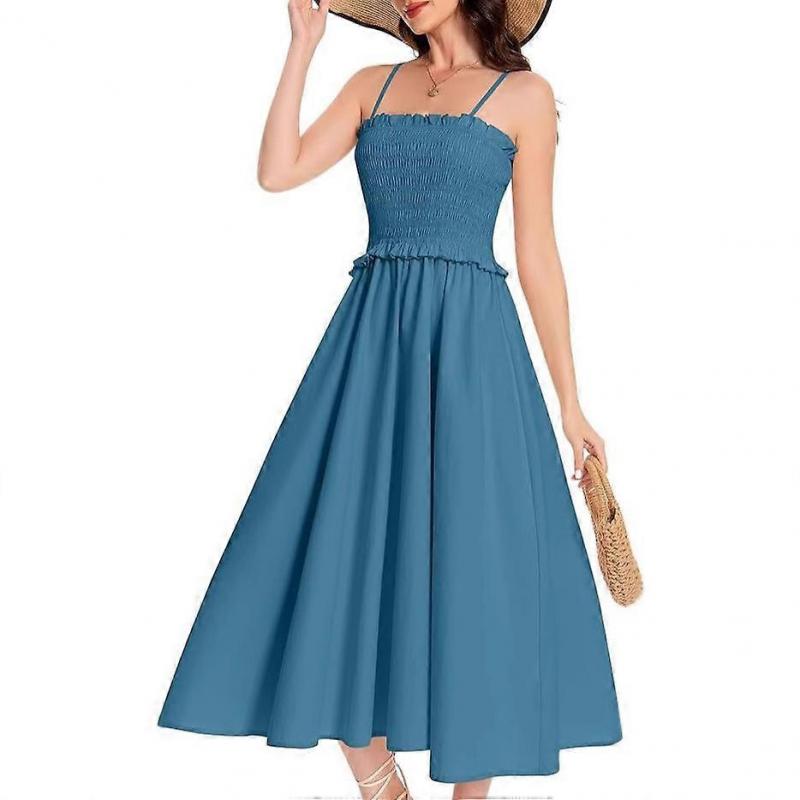 Summer Women's French First Love Style Slimming High Waist A-Line Dress Elegant Solid Color