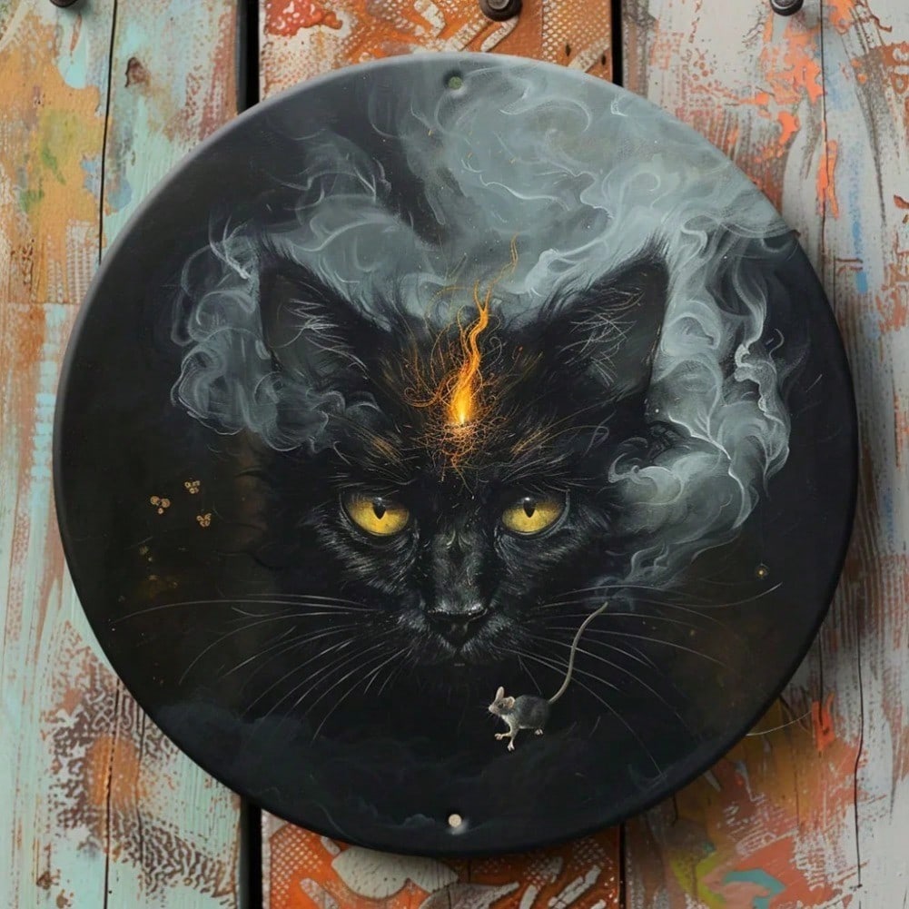Stylish Black Cat Metal Wall Art with Fiery Design and Glowing Yellow Eyes Home Decor TYA37322-20x20cm разноцветный
