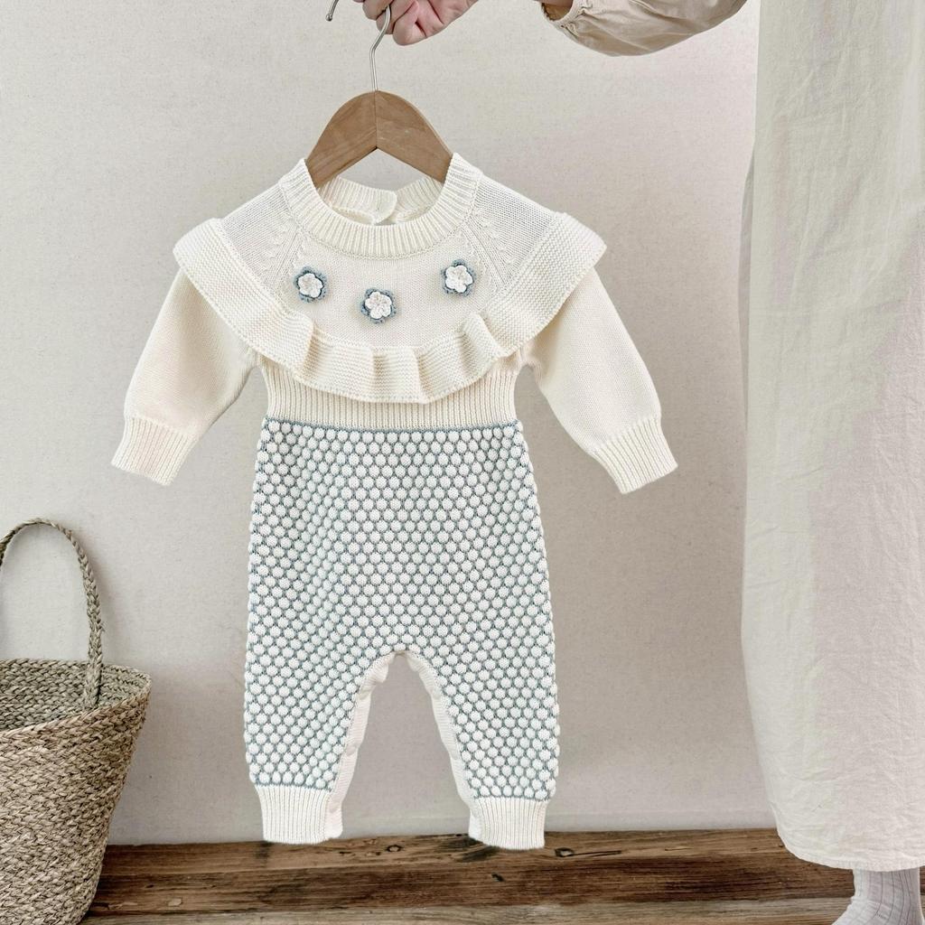 Handgemachter Baumwoll-Häkel-Blumen-Bubble-Romper für Säuglings- und Kleinkindmädchen - Herbst/Frühling