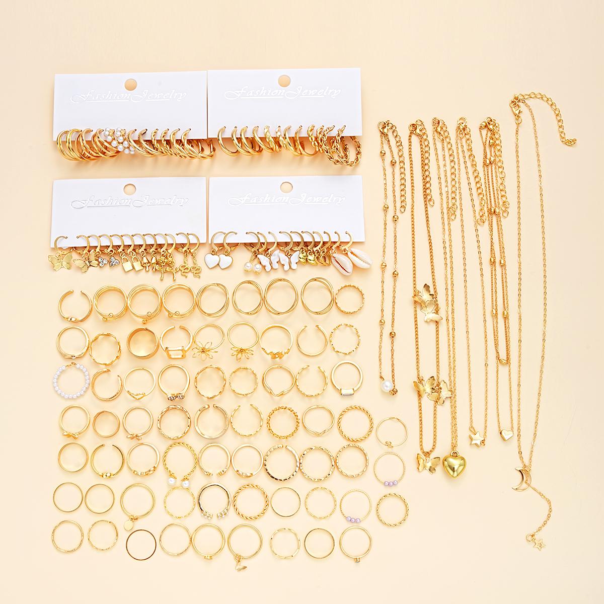 

120 Pieces Fashion Simple Metal Jewelry Set Boho Vintage Heart Butterfly Geometric Earrings Necklace Ring Party Vacation Gifts