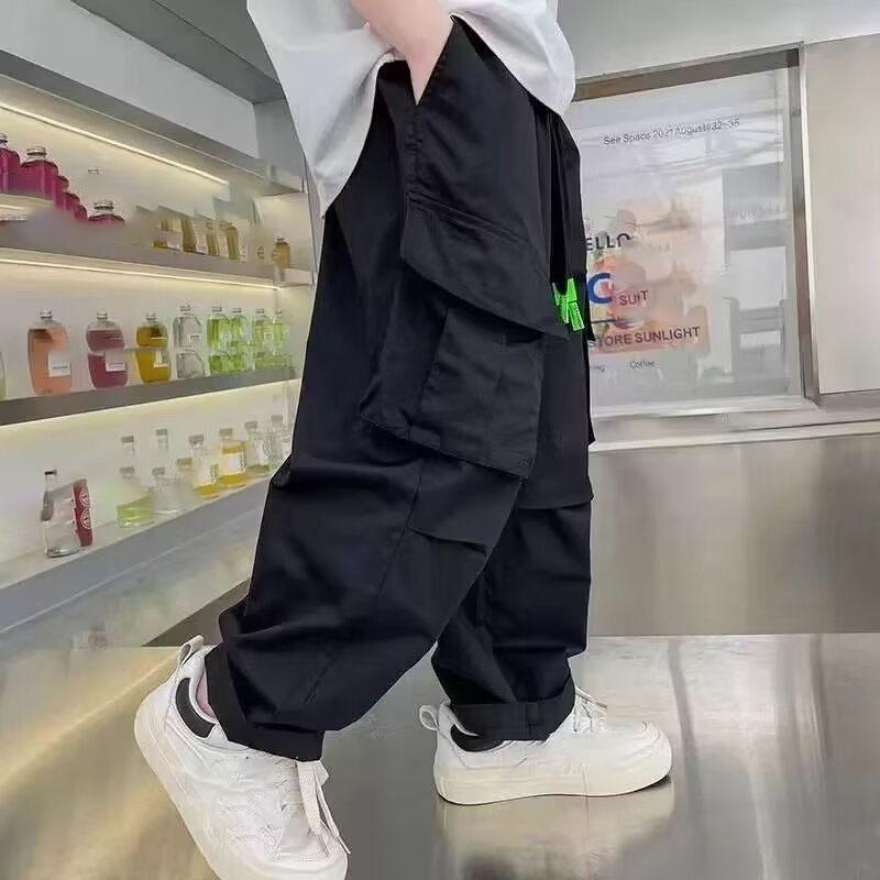 

Мальчиковые брюки карго Детская винтажная уличная одежда Прямые брюки Детские весенне-осенние свободные брюки с широкими штанинами Подростковая повседневная одежда 120 чёрный