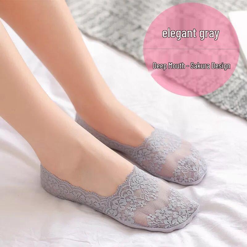 

Женские кружевные нескользящие невидимые носки-лодочки - Весна/Лето, Японский стиль, Силиконовая фиксация, Цельные. Socks only