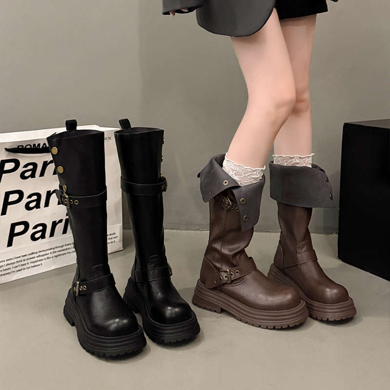 Brown Retro British Style Thick Heel Platform Boots Women's New Autumn But Knee Height Knight Boots