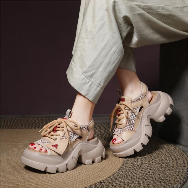 Johnature Fashion Hollowed Out Sandals Genuine Leather Thick Soled Lace Up Breathable Women's Platform Shoes