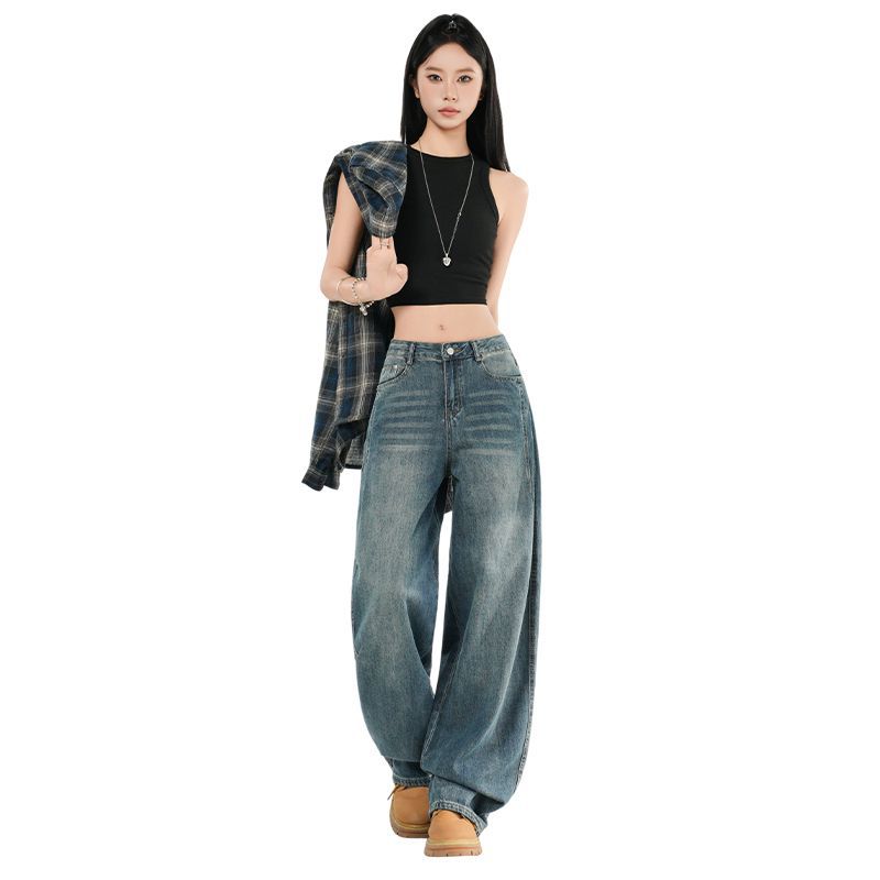 Spring Summer Street Style Relaxed Straight Saber Cut Denim Pants For Ladies Casual Pants Oversize Denim Trousers