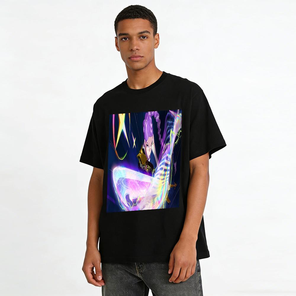 Cool Colorful Battle Girl Print T-shirt Trendy Anime Style Loose Breathable Casual Top Pure cotton T-shirt