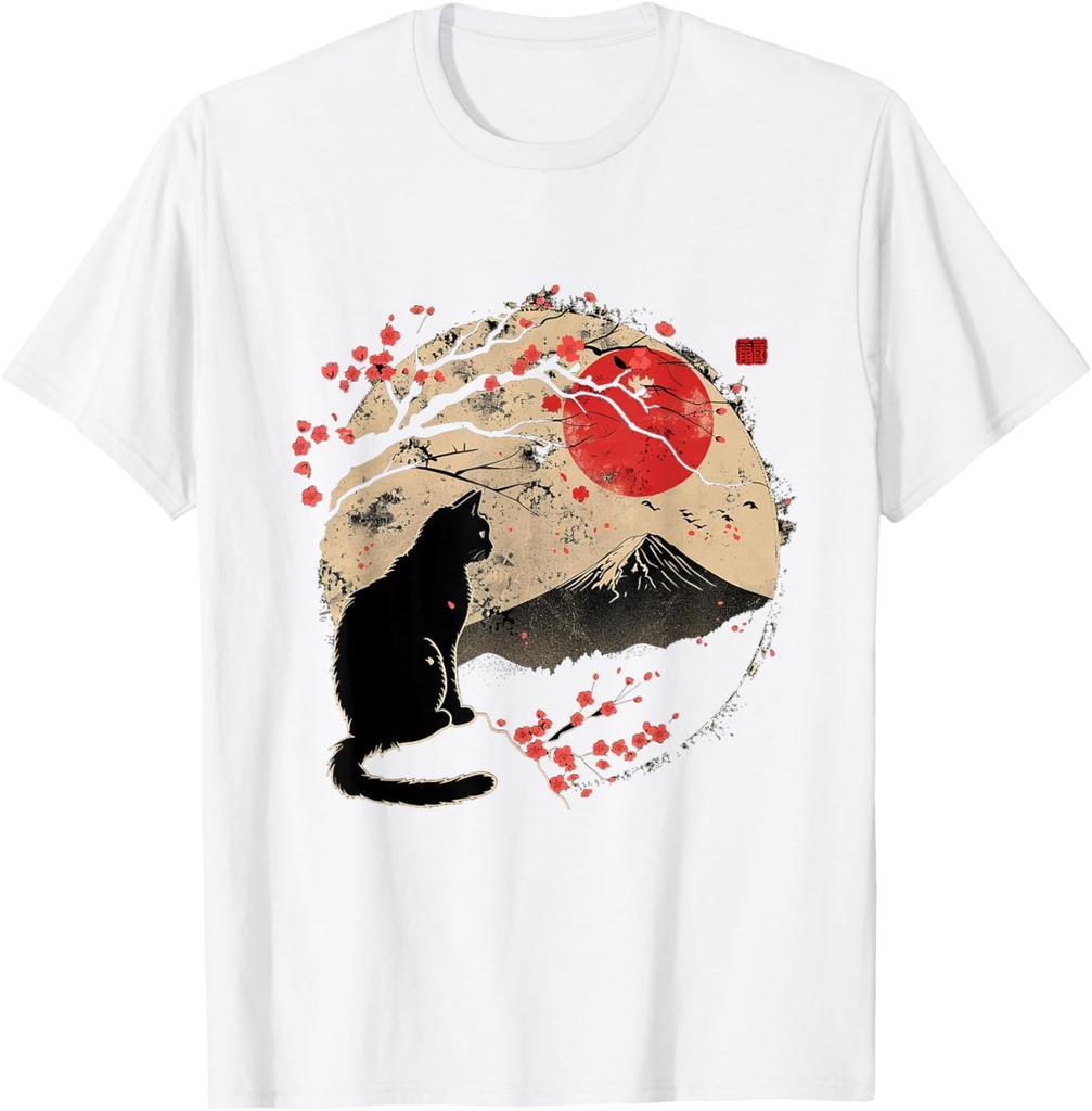 Black Cat Cherry Blossom Graphic Tee Men Casual Cotton T-Shirt