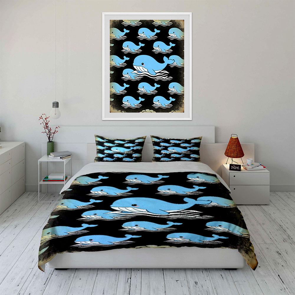Blue whales on black. Bedding sets Duvet cover sets Duvet covers Pillowcases(1 * Duvet Cover 2 * Pillowcases without duvet insert)