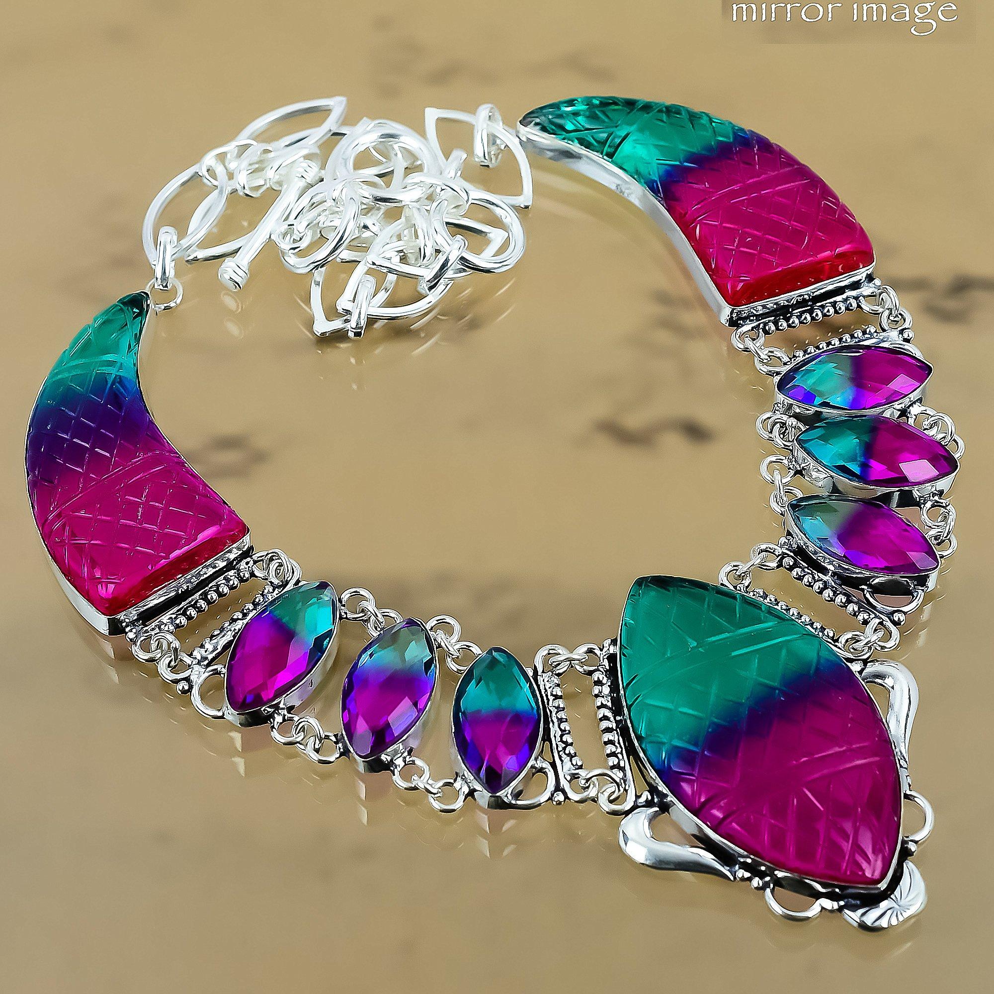 

Natural Carved Bi-Color Tourmaline Chain Adjustable Necklace 925 Silver Adjustable