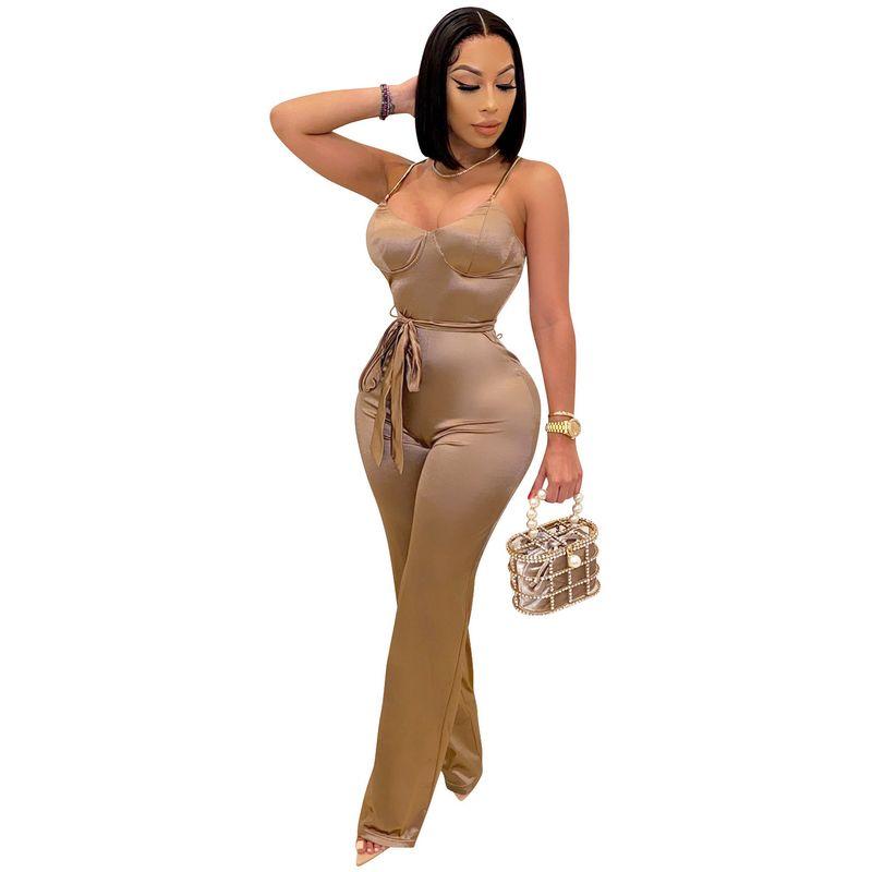 

Jumpsuits Fashion Belt Spaghetti Strap Jumpsuits Club Wear M Apricot