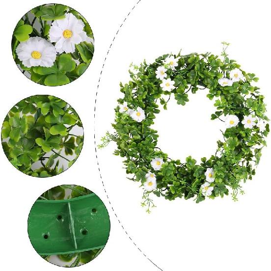 Green Clover Wreath with Daisies, Spring Summer Front Door Wreath, Irish Themed Outdoor Wall Decor, Elegant Shamrock