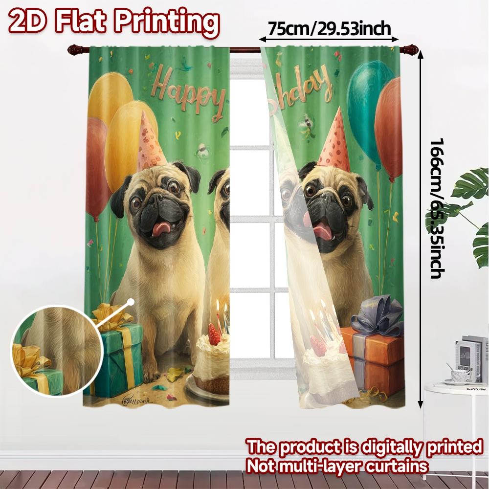 2pcs, 2D FLAT PRINTING Curtains (Without Rod) Pug Party Bliss Popular Curtains&Window Treatment Machine Washable Fabric Curtains