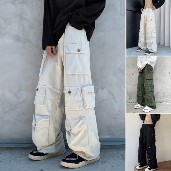 Men Cargo Pants Street Style Loose Multi Pockets American Retro Trousers Solid