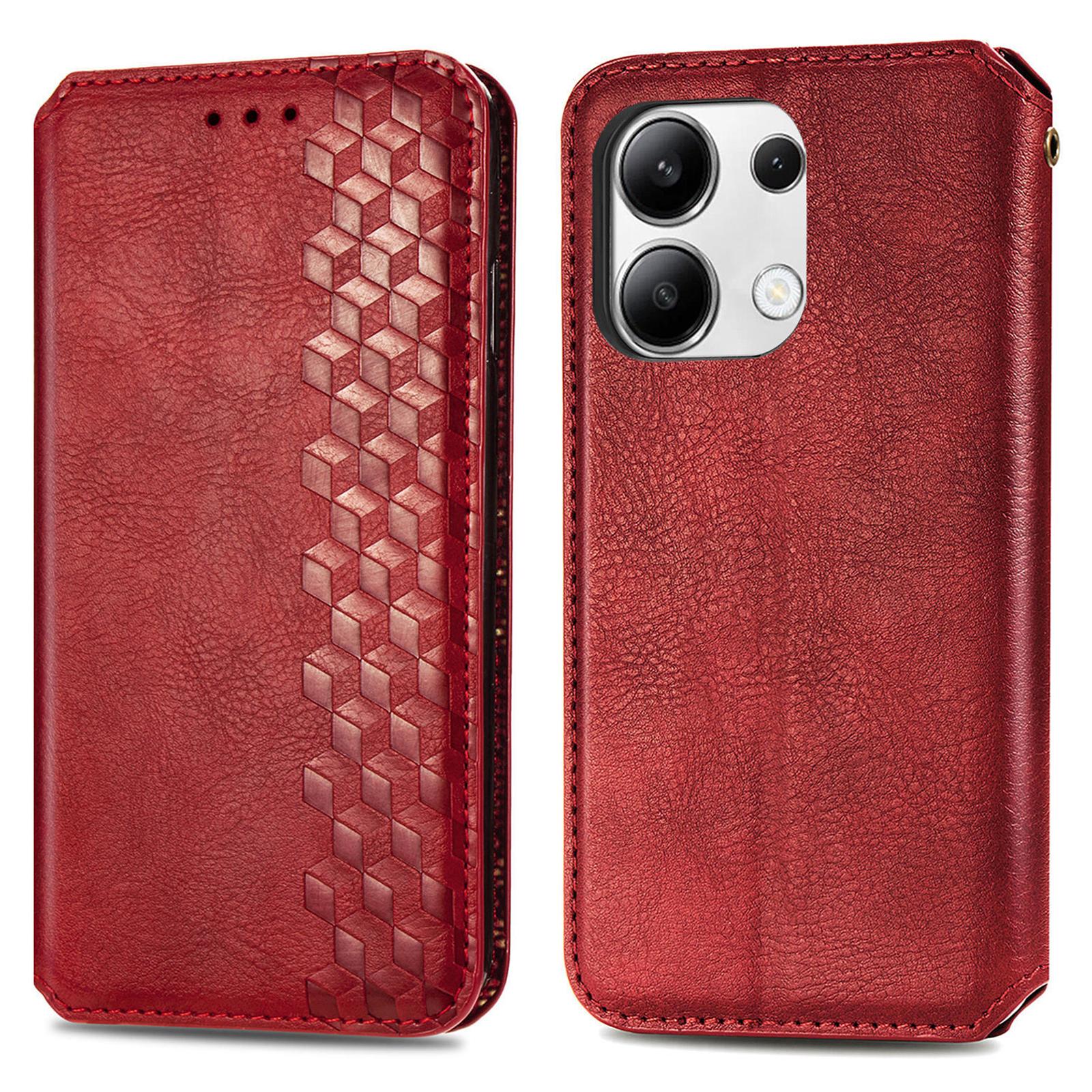 

For Xiaomi Redmi Note 13 4G PU Leather Case Rhombus Imprint Wallet Stand Phone Cover Red