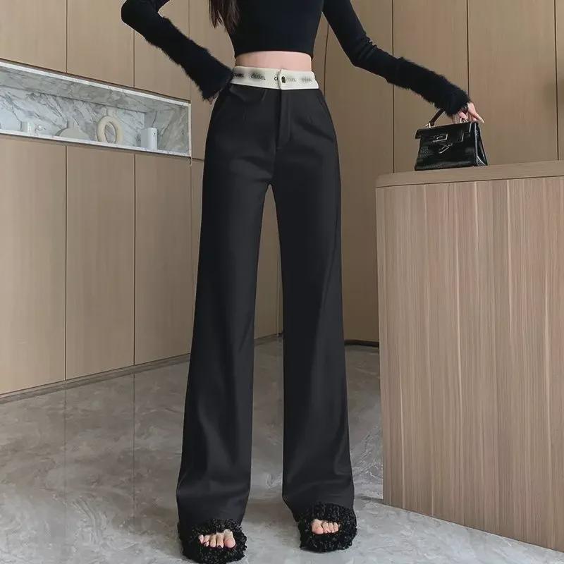 

Summer 2024 Women s High Waist Straight-Leg Trousers - Slim Fit, Draped, Floor-Length L - 110-122 lbs