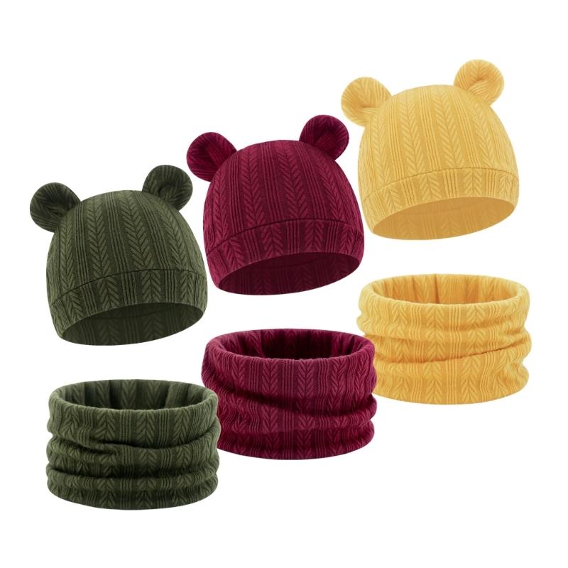 Reversible Infant Winter Hat Neck Warmer Combo Stretchy Cotton Blend 2 in 1 Baby Beanies Scarf Set for 8 to 36 Month Olds