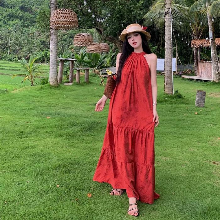 

Red neck dress women s spring new holiday style design sense back lace temperament loose chic long dress S