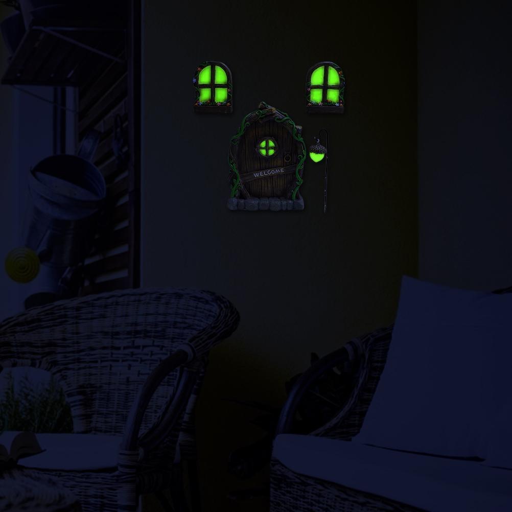 Miniature Fairy Elf Home Door Windows and Chandelier Luminous Tree Decor Art Decorations In The Dark