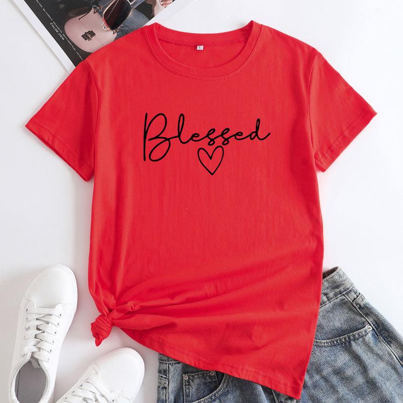 Summer Round Neck Letter Blessed Printed Top Fashionable Casual Short Sleeved Women's Pure Cotton T-shirts