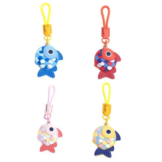 Yousheng Keychain Pendant Little Fish Faux Leather Card Holder with Lanyard Colorful Fish Scale Shaped Double-Purpose School Bag Key Pendant