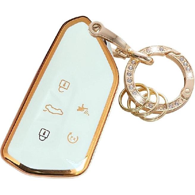 For VW Volkswagen Key Fob Cover Key Fob Shell With KeyChain Fit For VW ID4 ID3 MK8 Golf GTI Skoda Octavia Smart Key (Gold-White)