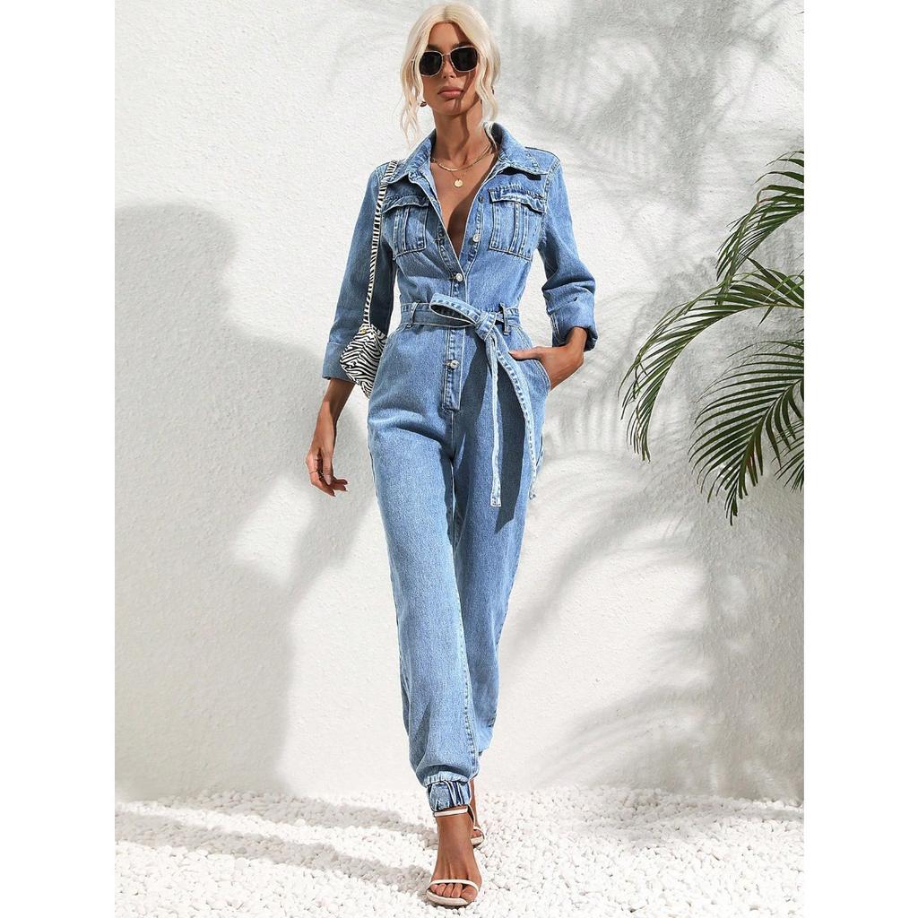 Tuta in Denim da Donna con Collo a Revers e Maniche Lunghe, Vestibilità Aderente, Vita Media, Jogger Casual