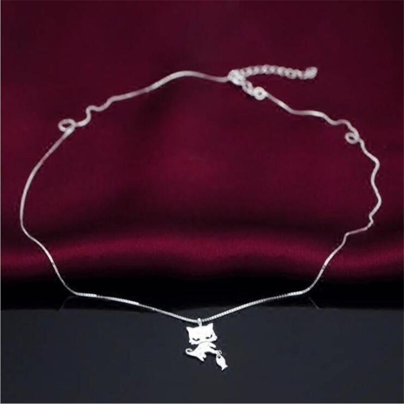 New Simple Creative Cute Kitten And Fish 925 Sterling Silver Jewelry Fashion Animal Popular Cat Clavicle Chain Necklaces Xl069