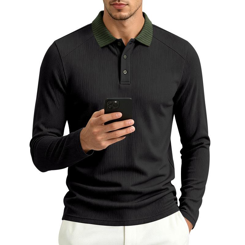 Men S Long Sleeve Polo Shirt Ribbed Collar Solid Color Casual Spring Autumn