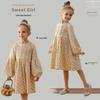 Spring 2026 Korean Forest-Style Floral Print Dress with Pleated Stand Collar, Puff Long Sleeves, and Lace Accents for Girls