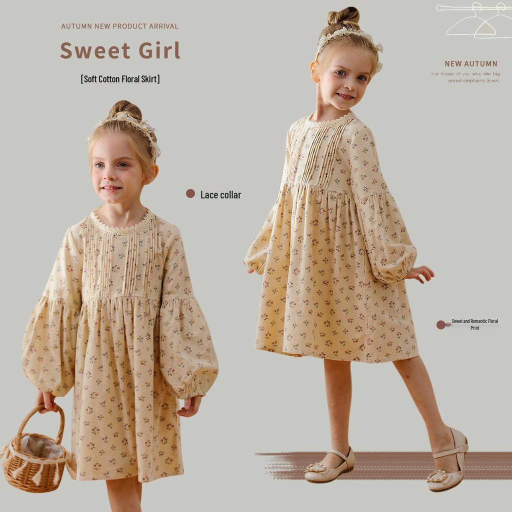 Spring 2026 Korean Forest-Style Floral Print Dress with Pleated Stand Collar, Puff Long Sleeves, and Lace Accents for Girls