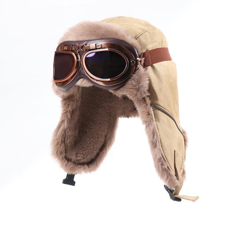Unisex Winter Warm Fleece Lined Aviator Hat With Goggles Cover Ear Protection Outdoor Windproof Retro Cap