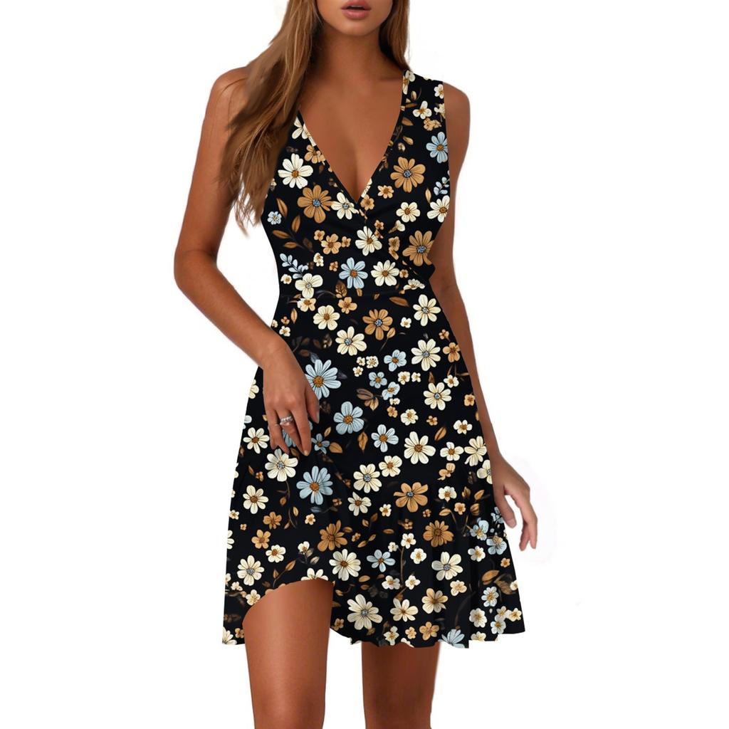 Ladies Casual Fashion V-Neck Sleeveless  Print Dress