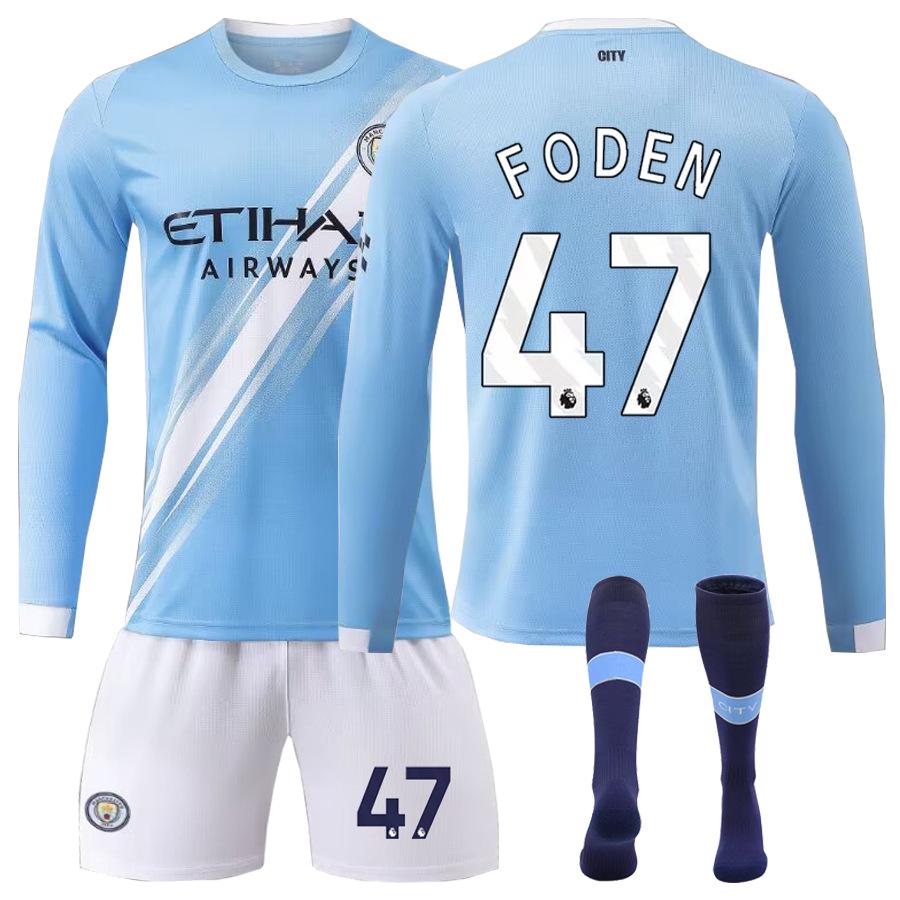 Set Maglia a Maniche Lunghe da Casa per Bambini del Manchester City: Haaland #9, Foden #47, Mahrez #7.