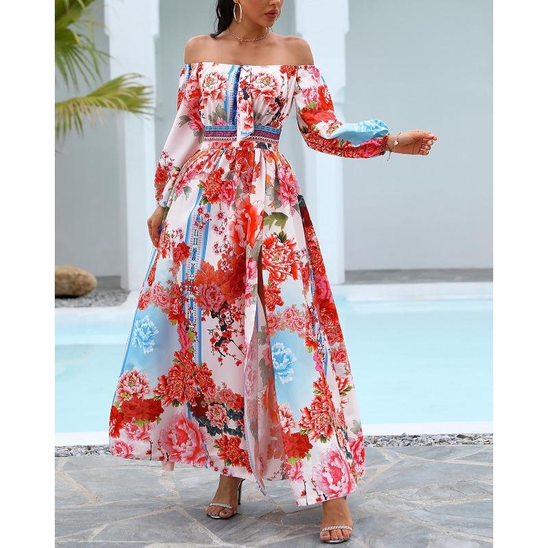Suer evening dress printed dress one-word shoulder pullover retro long-sleeved big swing split dress
