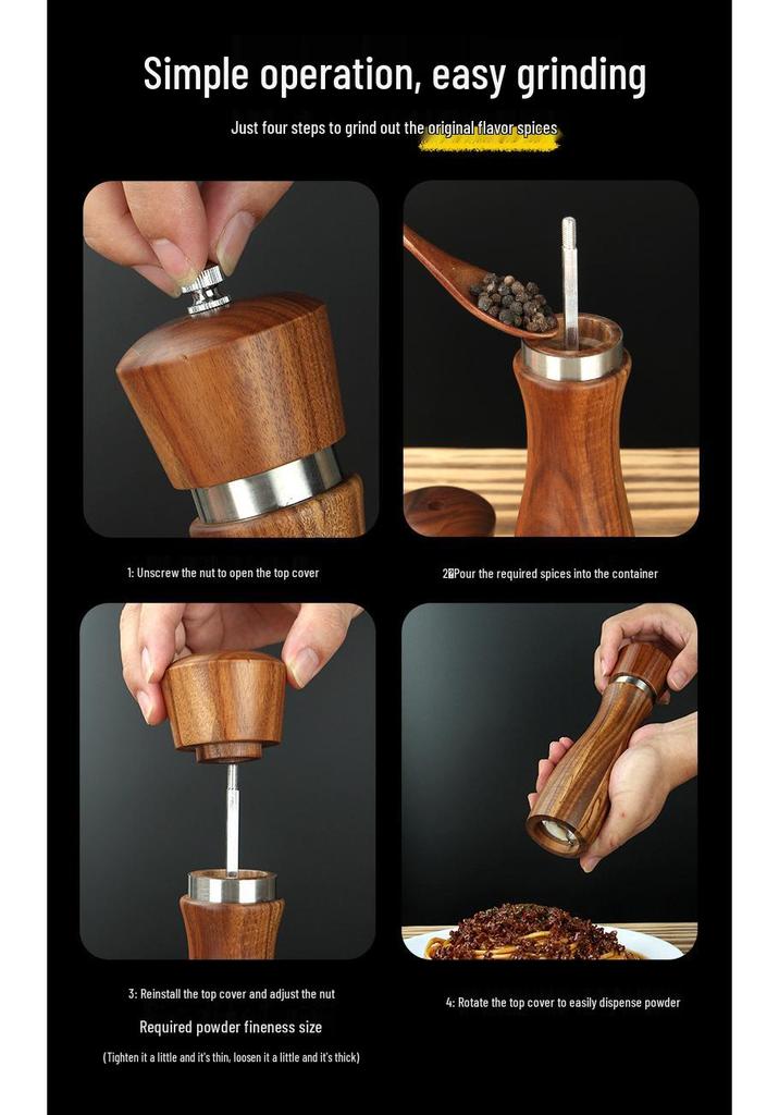 Acacia Wood Pepper and Sea Salt Grinder Set with Ceramic Core and Steel Ring