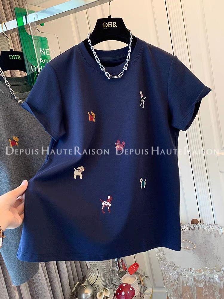 

Plus Size Women s Loose Embroidered Puppy Top - Spring/Summer 2025 Short Sleeve T-Shirt 4XL темно-синього кольору