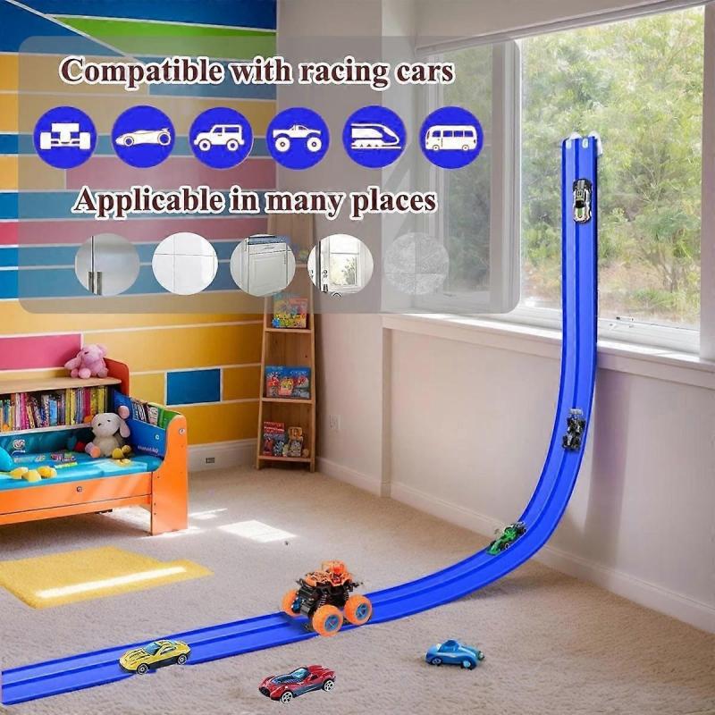 Flexible Race Car Track for Kids Toy, Rolls Up Portable Flex Track Racetrack with Suction Cups & 4 Wheels, Compatible with 1:64 Cars Toys