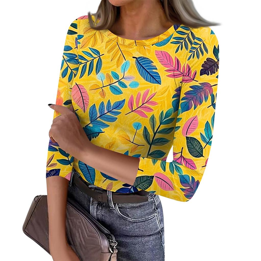 Women's Slim Bottom T-shirt Fashion Casual  Printed Round Neck Pullover Seven Sleeve Top